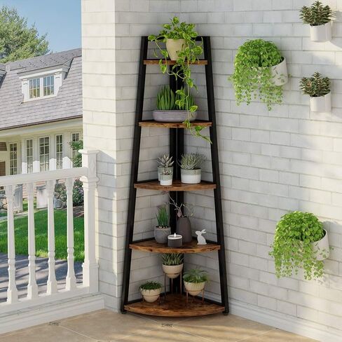 Tribesigns 70 inch Tall Corner Shelf, 5 Tier Rustic Corner Bookshelf Bookcase Industrial Corner Ladder Shelf Plant Stand for Living Room, Kitchen, Home Office (Brown) in Saudi Arabia
