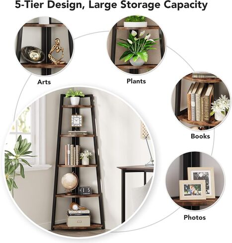Tribesigns 70 inch Tall Corner Shelf, 5 Tier Rustic Corner Bookshelf Bookcase Industrial Corner Ladder Shelf Plant Stand for Living Room, Kitchen, Home Office (Brown) in Saudi Arabia
