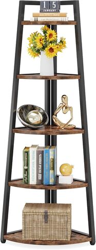 Tribesigns 70 inch Tall Corner Shelf, 5 Tier Rustic Corner Bookshelf Bookcase Industrial Corner Ladder Shelf Plant Stand for Living Room, Kitchen, Home Office (Brown) in Saudi Arabia