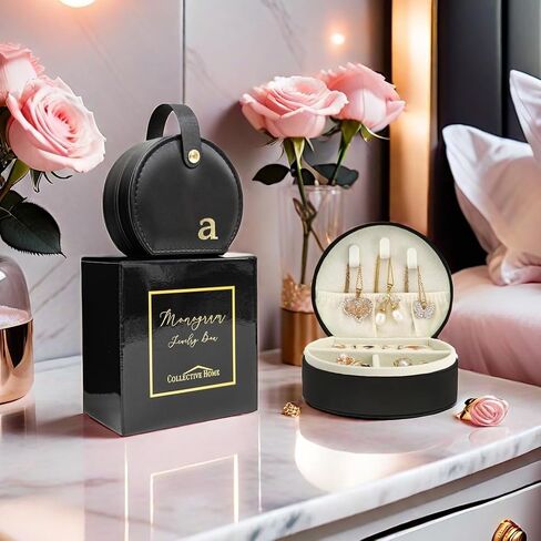 COLLECTIVE HOME - Travel Jewelry Case, Elegant Half-Moon Design with Gold Monogram, Detachable Handle, Personalized Accessory Organizer, Gift for Fashion-Forward Women and Teens, Black (s) in Saudi Arabia