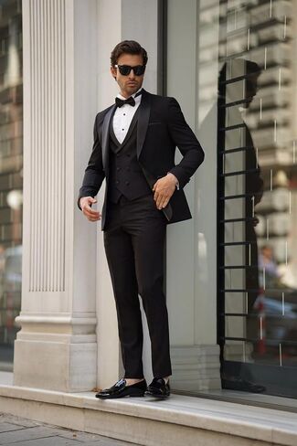 3 Piece Mens Tuxedo Suit Set Double Breasted Suit Men Slim Fit Tuxedo Suits with Bow for Groom Wedding Prom in Saudi Arabia