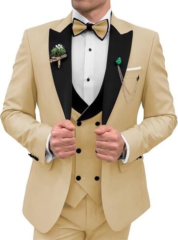 3 Piece Mens Tuxedo Suit Set Double Breasted Suit Men Slim Fit Tuxedo Suits with Bow for Groom Wedding Prom in Saudi Arabia