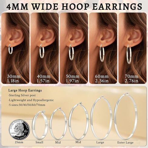 Loumileo 4mm عريض كبير أقراط الفضة الخفيفة 925 أقراط الفضة الاسترليني للنساء Hypoallergenic الأطواق الرقيقة الكبيرة للنساء 30/40/10/00/70 ملم in Kuwait