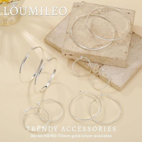 Loumileo 4mm عريض كبير أقراط الفضة الخفيفة 925 أقراط الفضة الاسترليني للنساء Hypoallergenic الأطواق الرقيقة الكبيرة للنساء 30/40/10/00/70 ملم in Kuwait