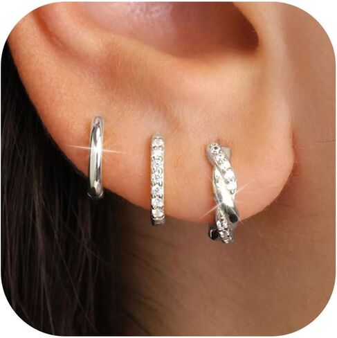 junvirtuous 925 Sterling Silver Hoop أقراط للنساء الفضة Hypoallergenic Small Huggie Hoop أقراط للنساء مجموعات مكدس لمجوهرات عصرية متعددة Aretes de Plata 925 Para Mujer in Kuwait