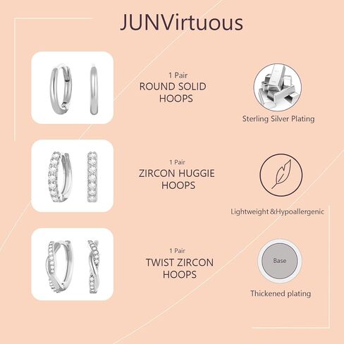 junvirtuous 925 Sterling Silver Hoop أقراط للنساء الفضة Hypoallergenic Small Huggie Hoop أقراط للنساء مجموعات مكدس لمجوهرات عصرية متعددة Aretes de Plata 925 Para Mujer in Kuwait