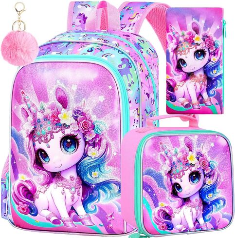 16 "حقيرة حورية البحر حقيبة ظهر للبنات ، 3pcs unicorn الأطفال حقيبة الكتب مع صندوق الغداء ， حقيبة الظهر المدرسية لرياض الأطفال في مرحلة ما قبل المدرسة (أرجواني) in Kuwait
