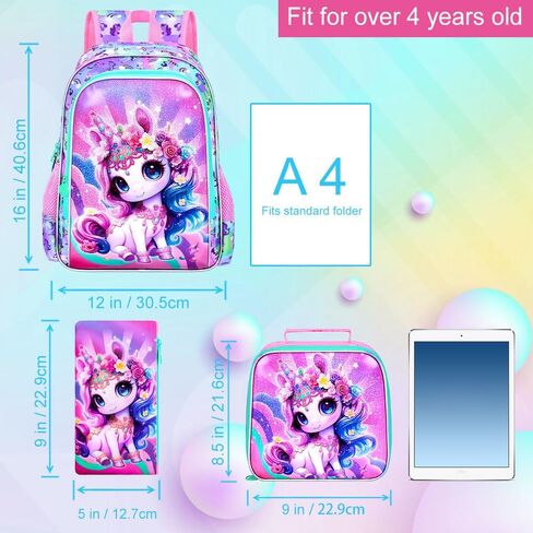 16 "حقيرة حورية البحر حقيبة ظهر للبنات ، 3pcs unicorn الأطفال حقيبة الكتب مع صندوق الغداء ， حقيبة الظهر المدرسية لرياض الأطفال في مرحلة ما قبل المدرسة (أرجواني) in Kuwait