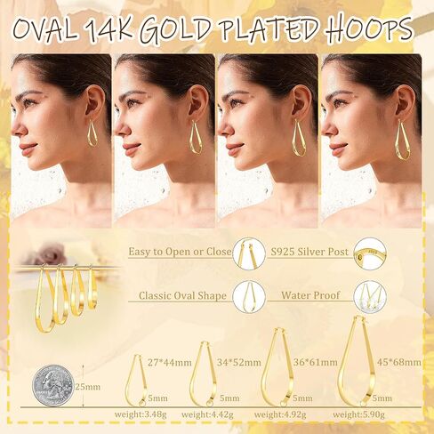 PABBEU S925 Sterling Silver Hoop Earrings Lightweight Oval Silver Hoop Earrings for Women Hypoallergenic 14k Gold Plated Hoops Earring Large Gold Hoops Earring for Women Gift (Inner Diameter：27/34/36/45mm) in Saudi Arabia
