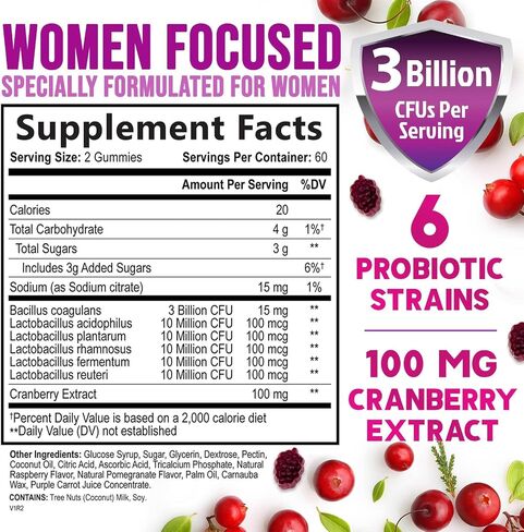 Probiotics for Women Gummy - 6 Diverse Strains w/ Cranberry, PH Balance, Digestive & Feminine Health Support, 3 Billion CFU Womens Probiotic for Urinary & Immune Support, Non-GMO - 60 Gummies in Saudi Arabia