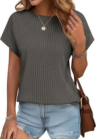 JUSTFASHIONNOW Summer Tops for Women 2025 Trendy Cap Sleeve Crewneck T Shirts Textured Business Casual Outfits Blouses in Saudi Arabia