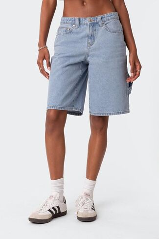 KMBANGI Y2k Women Denim Bermuda Shorts Straight Leg Jean Carpenter Shorts Vintage Mid Rise Knee Length Long Jorts in Saudi Arabia