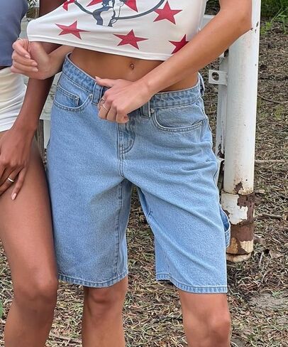 KMBANGI Y2k Women Denim Bermuda Shorts Straight Leg Jean Carpenter Shorts Vintage Mid Rise Knee Length Long Jorts in Saudi Arabia