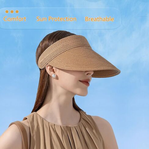 Womens Sun Visor Hat Summer Beach Hat Straw Sun Visor Cap UV Protection with Wide Brim for Womens Travel Golf Hiking in Saudi Arabia