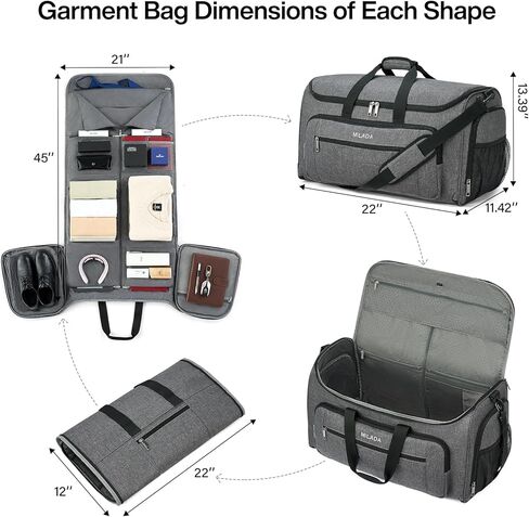 MILADA Garment Bag for Travel Suit Bag Travel Large Duffel Bag 2 in 1 Hanging Carry on Luggage Bag Foldable Travel Bag with Shoe Pouch for Men Women,Dark Grey in Kuwait