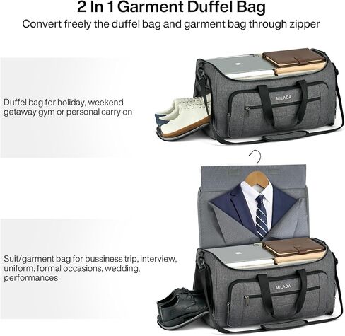 MILADA Garment Bag for Travel Suit Bag Travel Large Duffel Bag 2 in 1 Hanging Carry on Luggage Bag Foldable Travel Bag with Shoe Pouch for Men Women,Dark Grey in Kuwait