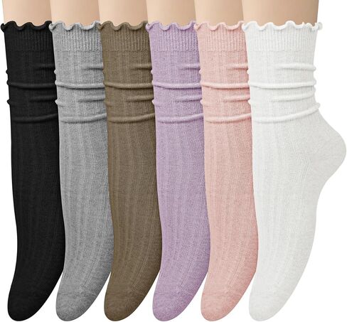 Loritta 6 Pairs Slouchy Socks for Women Cotton Ruffle Crew Turn-Cuff Sock Cute Casual Calf Slouch Socks in Saudi Arabia