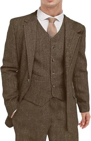 Men's Tweed Herringbone Suit 3 Piece Retro Slim Fit Prom Wedding Groom Tuxedos Set Brown Blazer Vest Pants in Kuwait