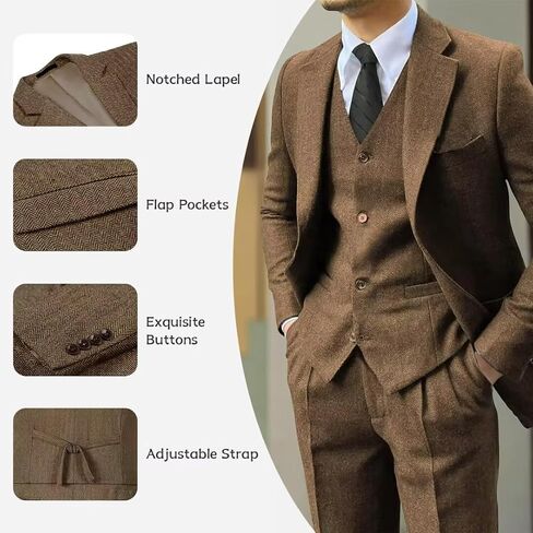 Men's Tweed Herringbone Suit 3 Piece Retro Slim Fit Prom Wedding Groom Tuxedos Set Brown Blazer Vest Pants in Kuwait
