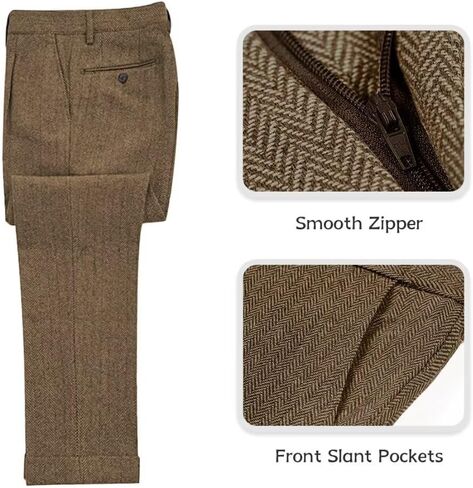 Men's Tweed Herringbone Suit 3 Piece Retro Slim Fit Prom Wedding Groom Tuxedos Set Brown Blazer Vest Pants in Kuwait