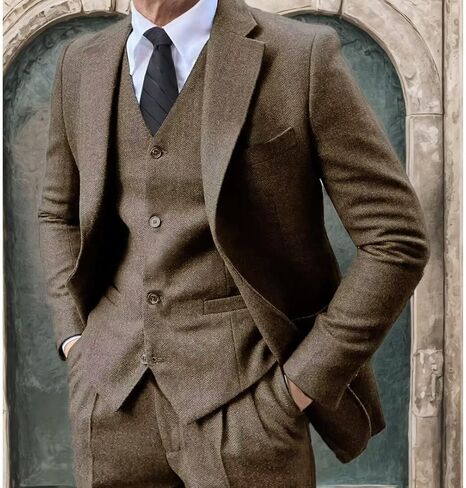 Men's Tweed Herringbone Suit 3 Piece Retro Slim Fit Prom Wedding Groom Tuxedos Set Brown Blazer Vest Pants in Kuwait
