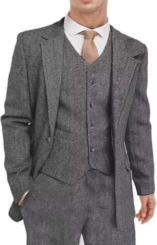 Men's Tweed Herringbone Suit 3 Piece Retro Slim Fit Prom Wedding Groom Tuxedos Set Brown Blazer Vest Pants in Kuwait