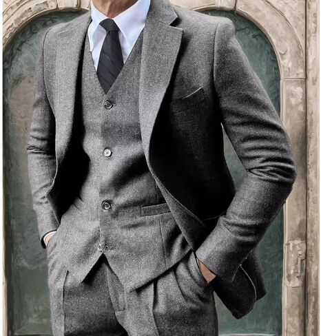 Men's Tweed Herringbone Suit 3 Piece Retro Slim Fit Prom Wedding Groom Tuxedos Set Brown Blazer Vest Pants in Kuwait