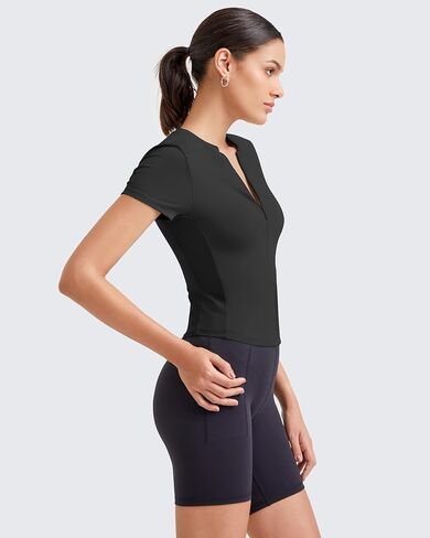 G4Free BareFeel Womens Workout Tops Short Sleeve Half Zip Slim Fit Athletic Shirts Gym Running Yoga Slight Crop Tshirts in Saudi Arabia