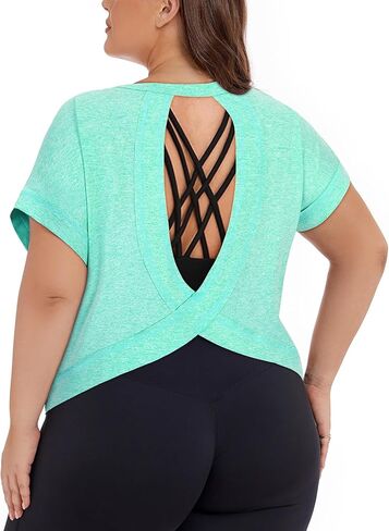 Koscacacy womens plus size open back back tops short sleeve procleout dorts disual yoga gym gym steal tees in Kuwait
