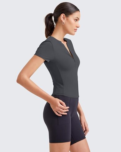 G4Free BareFeel Womens Workout Tops Short Sleeve Half Zip Slim Fit Athletic Shirts Gym Running Yoga Slight Crop Tshirts in Saudi Arabia