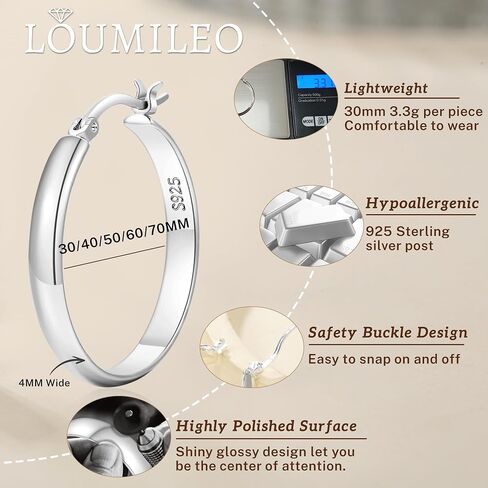 Loumileo 4mm عريض كبير أقراط الفضة الخفيفة 925 أقراط الفضة الاسترليني للنساء Hypoallergenic الأطواق الرقيقة الكبيرة للنساء 30/40/10/00/70 ملم in Kuwait