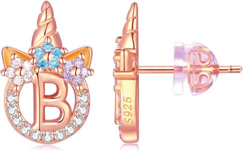 Unicorn Sterling Silver Initial Earrings for Girls Women - Hypoallergenic 14K Gold/White Gold/Rose Gold Plated Letter Earrings for Little Girls Kids - Unicorn Gifts in Saudi Arabia