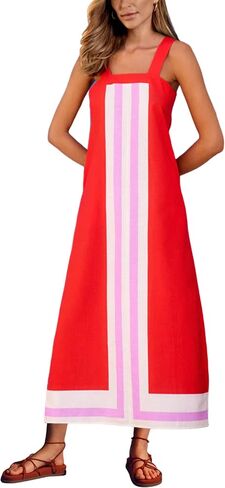 Fiona Jolin Womens Summer Maxi Dress Boho Striped Shoulder Strap Long Sundress Beach Cover Up Dress in Saudi Arabia