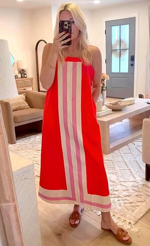 Fiona Jolin Womens Summer Maxi Dress Boho Striped Shoulder Strap Long Sundress Beach Cover Up Dress in Saudi Arabia