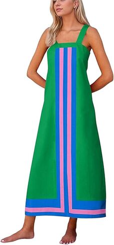Fiona Jolin Womens Summer Maxi Dress Boho Striped Shoulder Strap Long Sundress Beach Cover Up Dress in Saudi Arabia