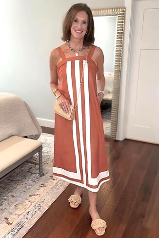 Fiona Jolin Womens Summer Maxi Dress Boho Striped Shoulder Strap Long Sundress Beach Cover Up Dress in Saudi Arabia