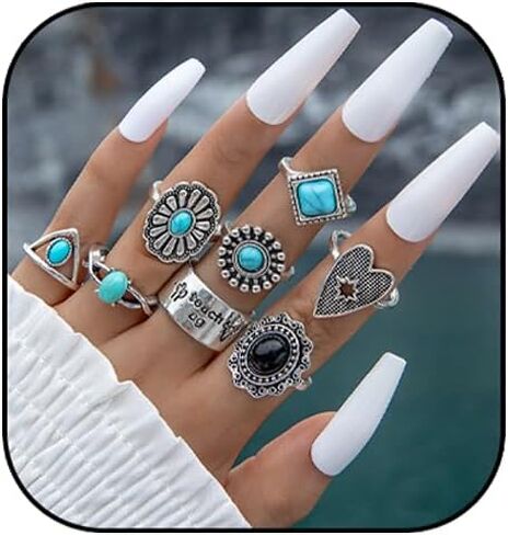 Turquoise Ring for Women Bohemian Stackable Knuckle Rings Set Boho Turquoise Finger Ring Vintage Oval Flower Starfish Teardrop Midi Snake Ring Western Rings Jewelry in Kuwait
