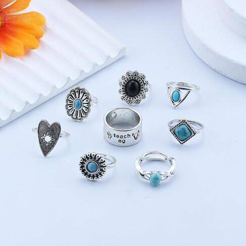 Turquoise Ring for Women Bohemian Stackable Knuckle Rings Set Boho Turquoise Finger Ring Vintage Oval Flower Starfish Teardrop Midi Snake Ring Western Rings Jewelry in Kuwait