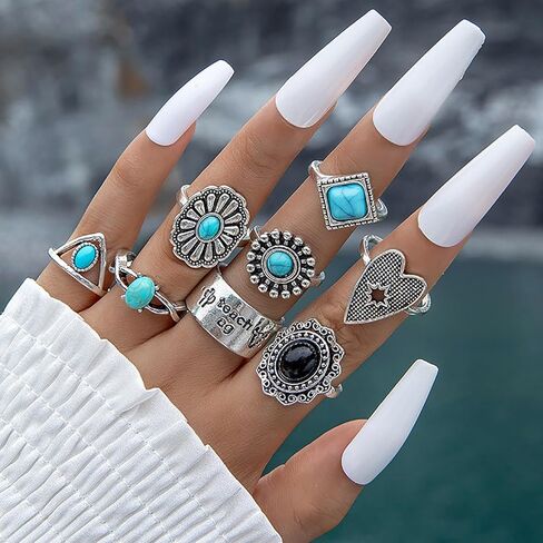 Turquoise Ring for Women Bohemian Stackable Knuckle Rings Set Boho Turquoise Finger Ring Vintage Oval Flower Starfish Teardrop Midi Snake Ring Western Rings Jewelry in Kuwait