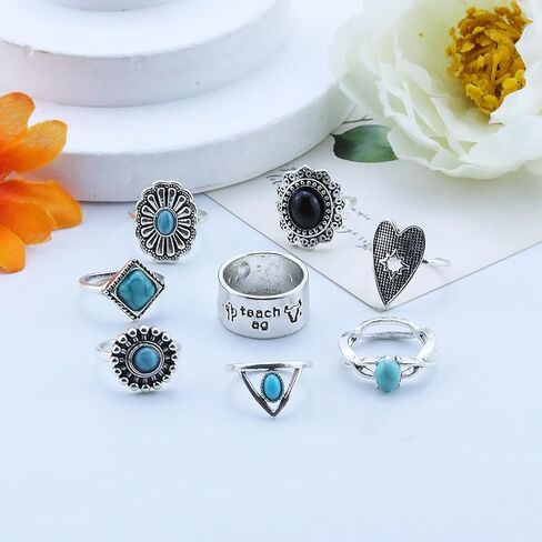 Turquoise Ring for Women Bohemian Stackable Knuckle Rings Set Boho Turquoise Finger Ring Vintage Oval Flower Starfish Teardrop Midi Snake Ring Western Rings Jewelry in Kuwait