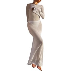 Women See Through Knit Long Dress Long Sleeve Crochet Maxi Bodycon Dress Backless Beach Bikini Cover Up Dresses