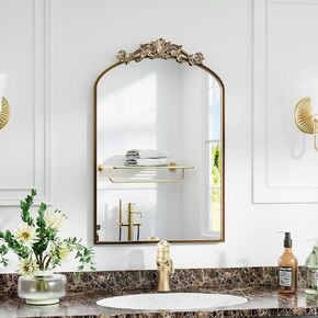 Antique Arched Wall Mirror, 22"x30" Vintage Gold Bathroom Mirror - Baroque Metal Frame Brass Mirror for Living Room, Bathroom, Fireplace, Entryway, Gold