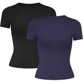 Womens Basic Casual Short Sleeve T-Shirts - Y2k Scoop Neck Summer Crop Tops Slim Fit Tees