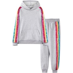 WELAKEN Girls 2 Piece Outfit Rainbow Sequin Striped Sweatshirt & Sweatpants Clothing Set