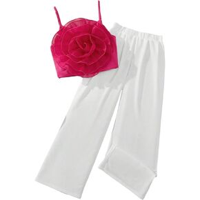 GORGLITTER Girl's 2 Piece Summer Outfits 3D Flower Cami Cropped Top Elastic Waist Casual Pants Set Cute Outfit