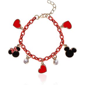 SALLY ROSE Mickey and Minnie Mouse Charm Bracelet with Red Chain Official License, 6.5"+1" Gold-Tone Fashion Charm Bracelet for Women