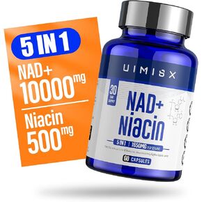 NAD ملحق 1000 ملغ العضوية النقية والنياسين (فيتامين B3) 500 ملغ ، مكمل NAD للمرأة والرجل ، الريبوسيد النيكوتيناميد (NR) لمكافحة الشيخوخة ، والطاقة ، الدماغ ، غير المعدلة وراثيا ، خالية من الغلوتين