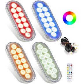 Partsam 4Pcs 6 Inch RGB Oval LED Trailer Light Kit Stop Turn Tail Brake Running Lights, Clear Lens 12 LEDs with Wire Harness Remote and APP Control, for Flatbed Truck RV, 10-30V