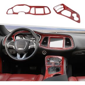Jimen Fit for Dodge Challenger 2015-2024 ، Center Center Center Censole Dash Trim Cluster Cluster Cluster & Gear Shift Cover (ألياف الكربون الأحمر)