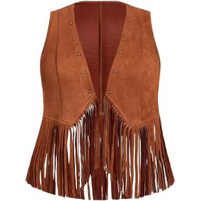 Women's Plus Size Faux Suede Vest Jacket Open Front Fringe Hem Cardigan Outerwear